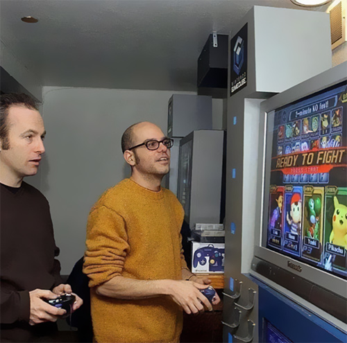 Bob Odenkirk and David Cross playing Smash Bros.